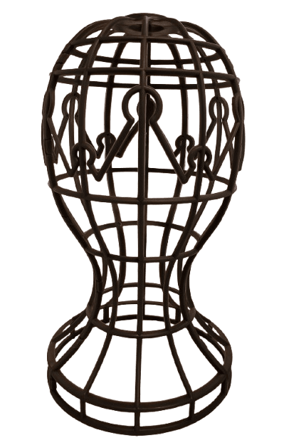 A brown wire sculpture of a person 's head.